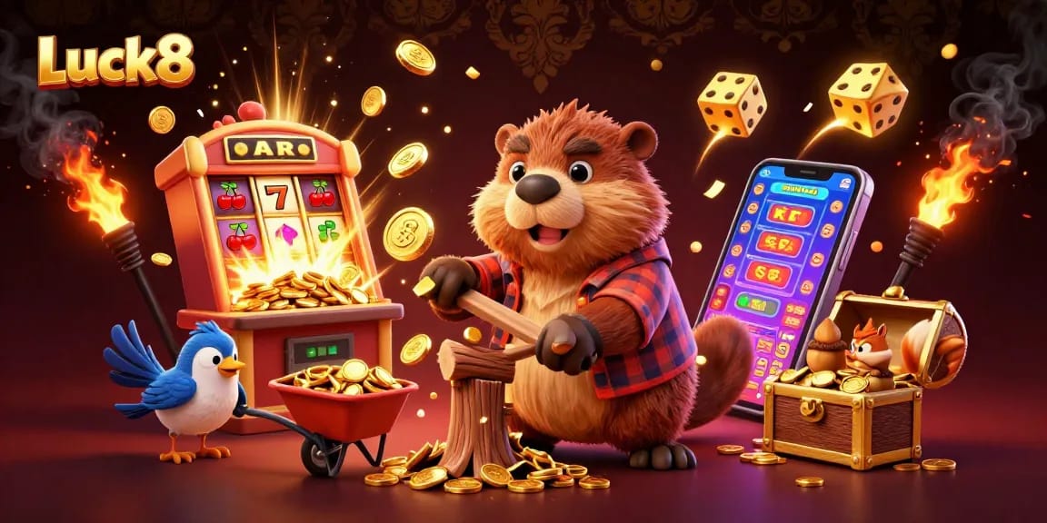 Luck8 illustration featuring a beaver, bird, and squirrel collecting coins in a vibrant casino scene.