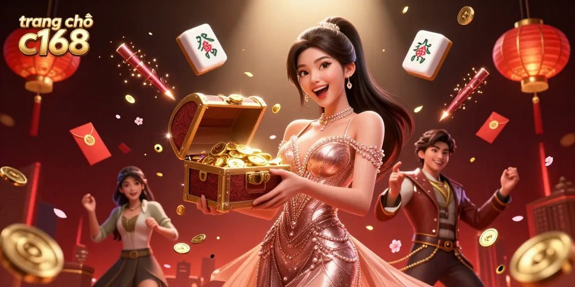 Experience the thrill of winning at trang chủ c168 with a vibrant casino illustration featuring a treasure chest and joyful excitement.