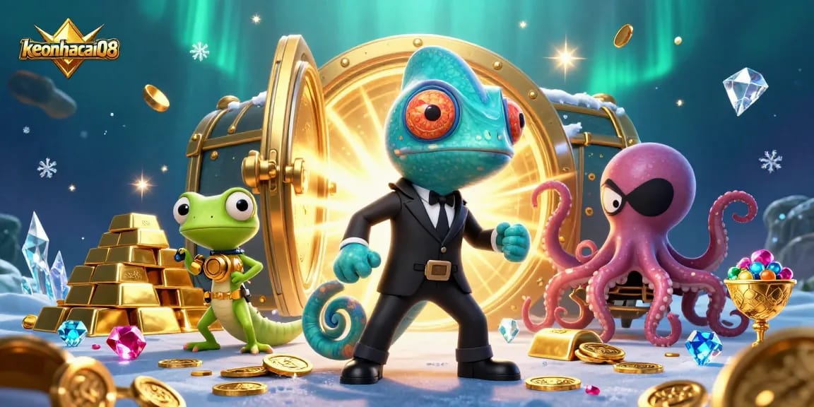 Engage in thrilling gameplay with keonhacai08's vibrant chameleon and tech-genius gecko in a casino underworld.