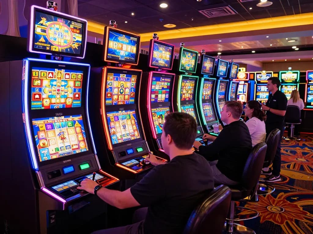Jilipinas players enjoying colorful slot machines while pulling levers in a vibrant casino