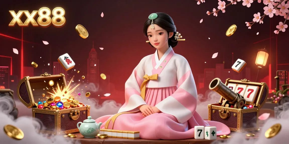 Win big at xx88 with a captivating illustration of an elegant Asian woman and vibrant casino elements.