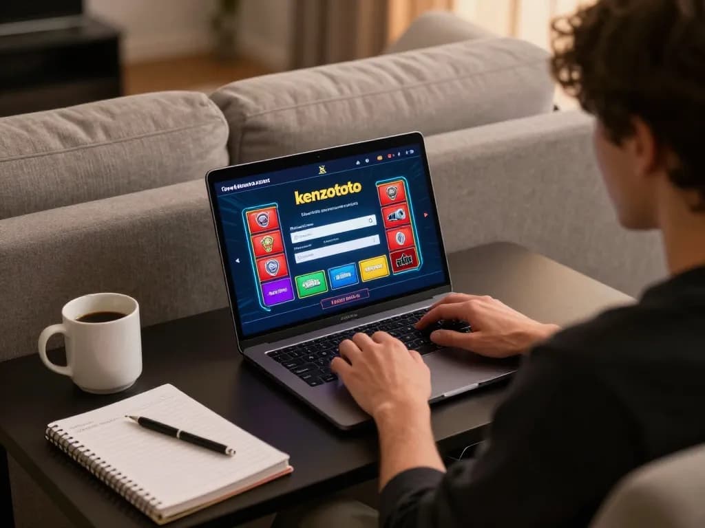 Terlibat dalam perjudian online dengan login kenzototo yang ditampilkan di layar laptop dalam suasana rumah yang nyaman