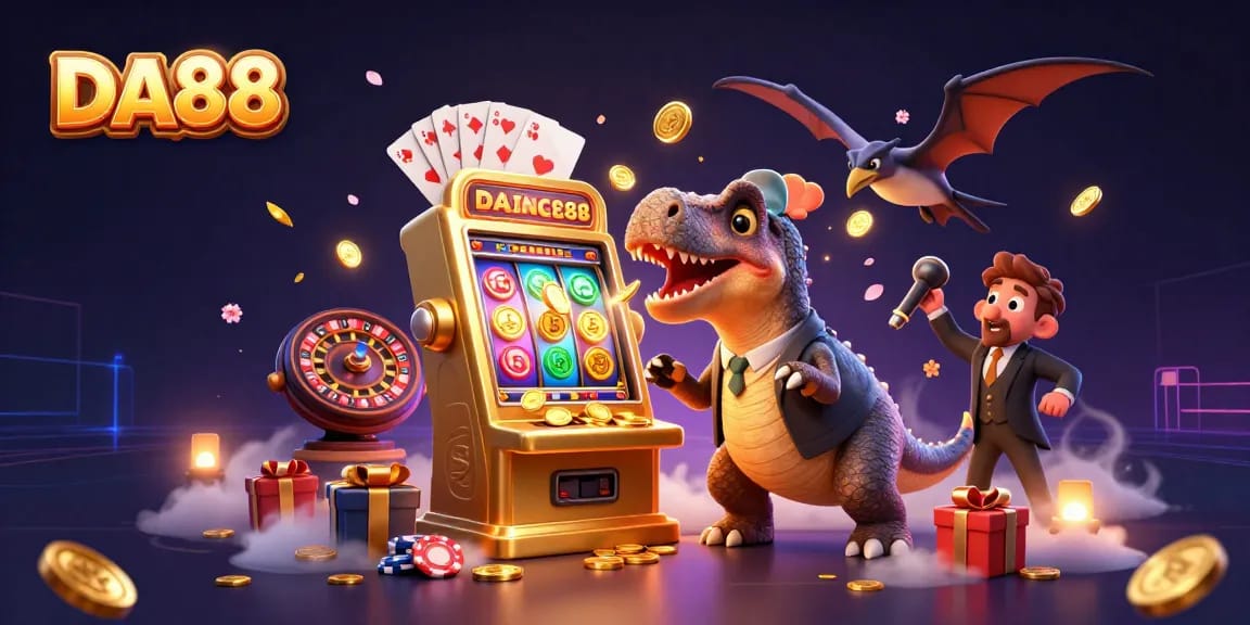 DA88 slot machine pays out jackpot coins in a vibrant casino scene with cartoon dinosaurs.