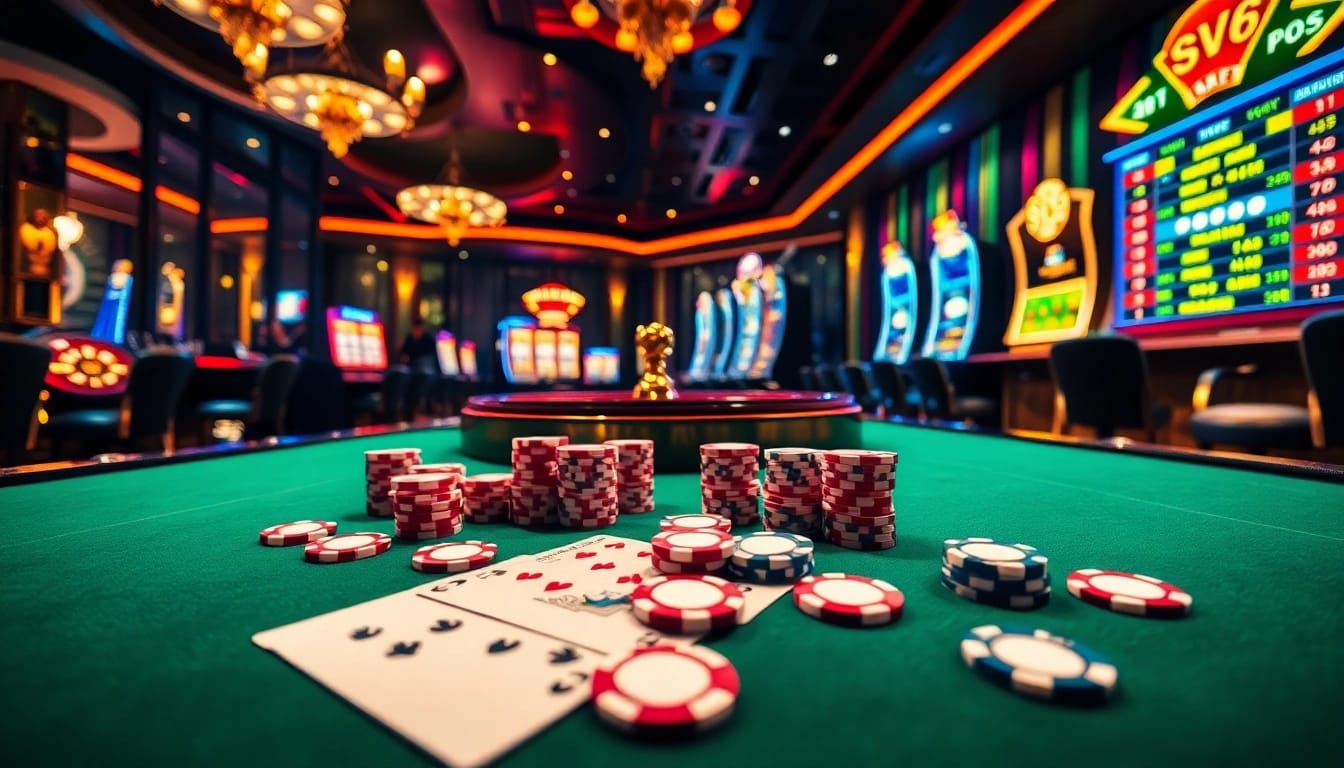 Engaging poker game scene reflecting https://kk55.host/ with vibrant casino elements, chips, and roulette.