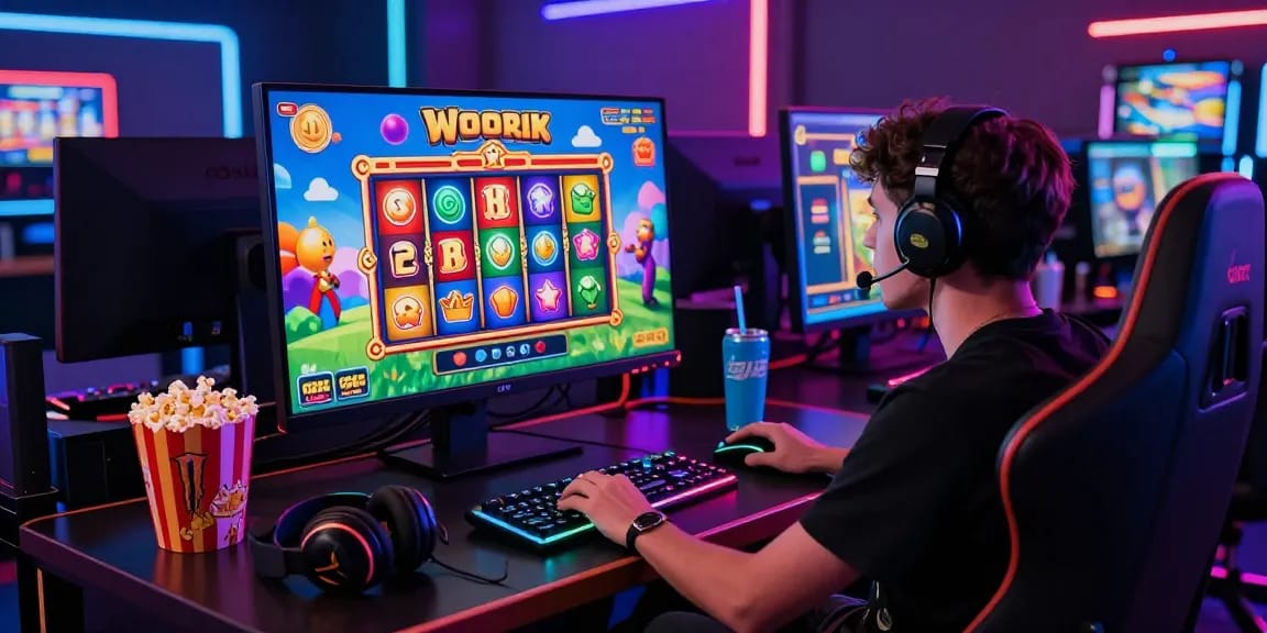 Player immersed in slot gacor game on a high-resolution screen, colorful graphics and immersive gaming environment.