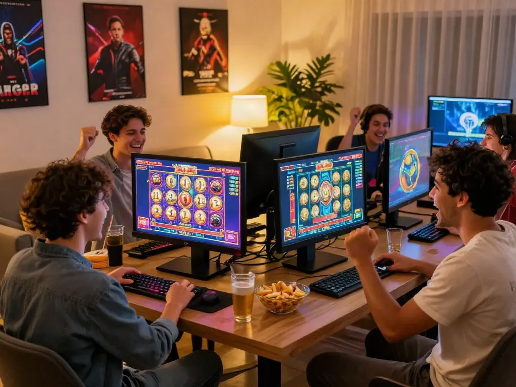 Friends enjoying luxury12 slots together in vibrant, cozy living room