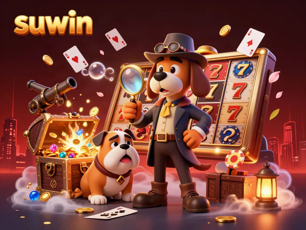 Engage with suwin's thrilling gaming experience featuring a detective and bulldog in a vibrant casino treasure hunt.