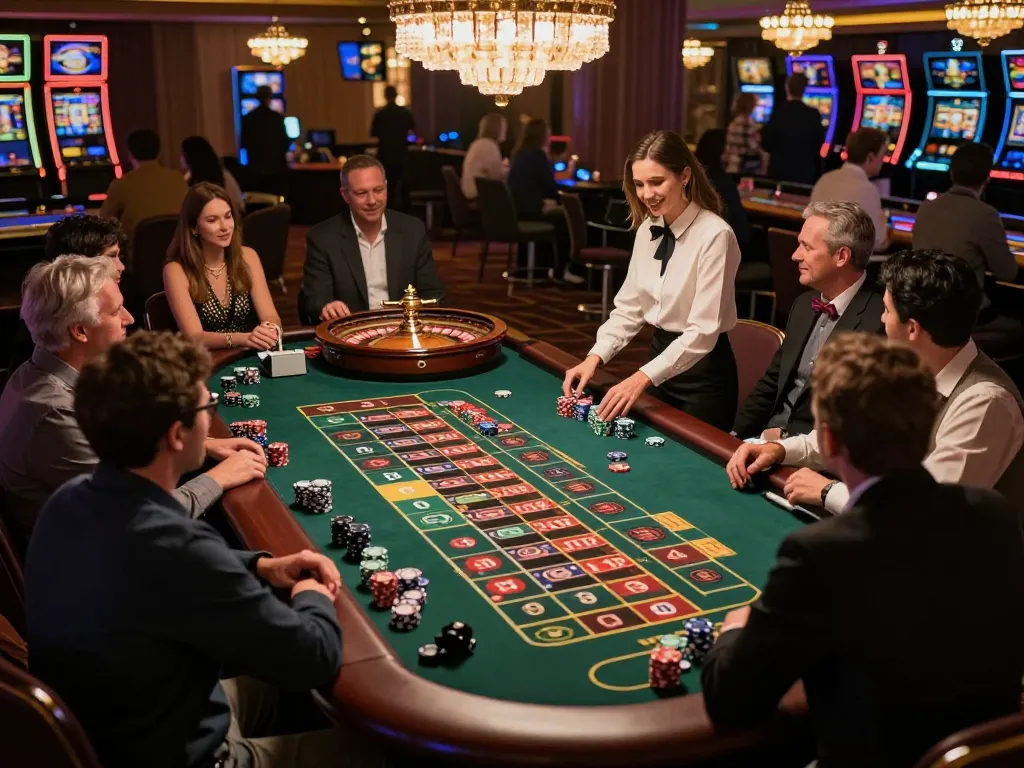 Jilipinas players betting on roulette with vibrant chips and an engaging dealer at a lively casino.