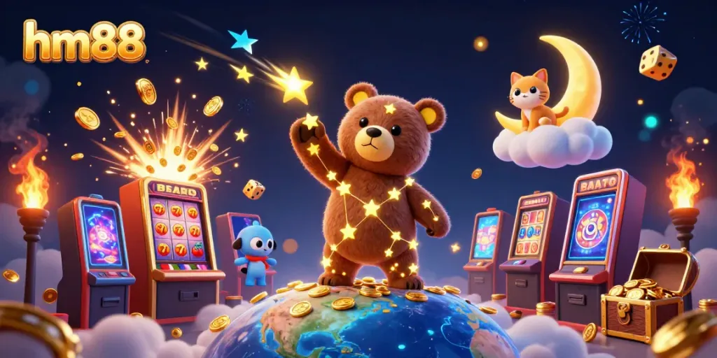 Experience the thrill of hm88 with a constellation bear, coins, and casino elements bursting with excitement.