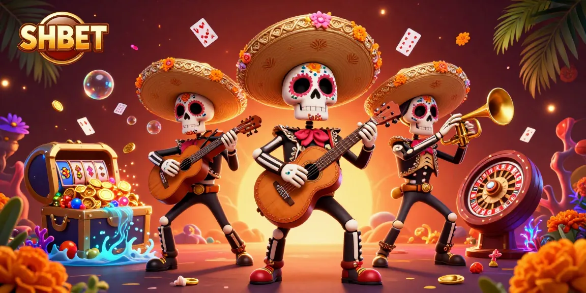 Engage with SHBET's vibrant casino world featuring a dynamic mariachi band and exciting game elements.