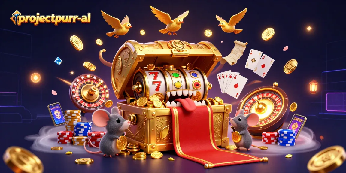Engage with projectpurr-al's thrilling jackpot excitement as cartoon mice encounter a treasure chest and slot reels.