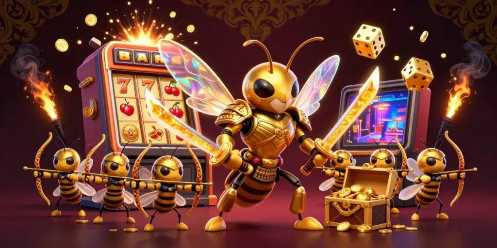 Experience thrilling slot action with a samurai hornet amidst a jackpot explosion of coins and symbols.