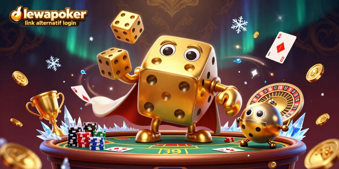 Dewapoker link alternatif login showcases a vibrant 3D illustration of an animated golden dice golem in a dynamic poker scene.