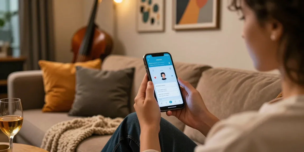 Sexting AI interaction in a cozy lounge with smartphone, inviting atmosphere and engaging moment.