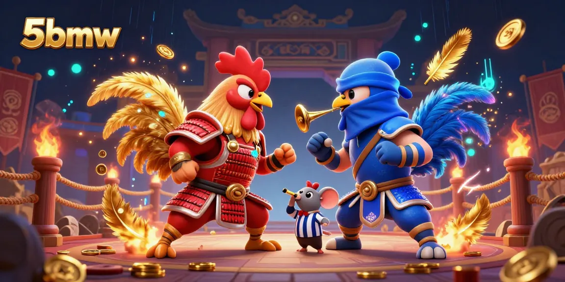 Witness thrilling cockfighting action with 5bmw's vibrant standoff between samurai and ninja roosters.
