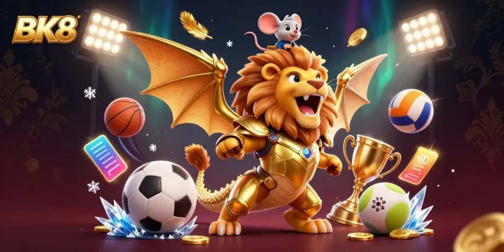 Experience the thrill of BK8 with a golden chimera creature and sports elements in a dynamic casino scene.