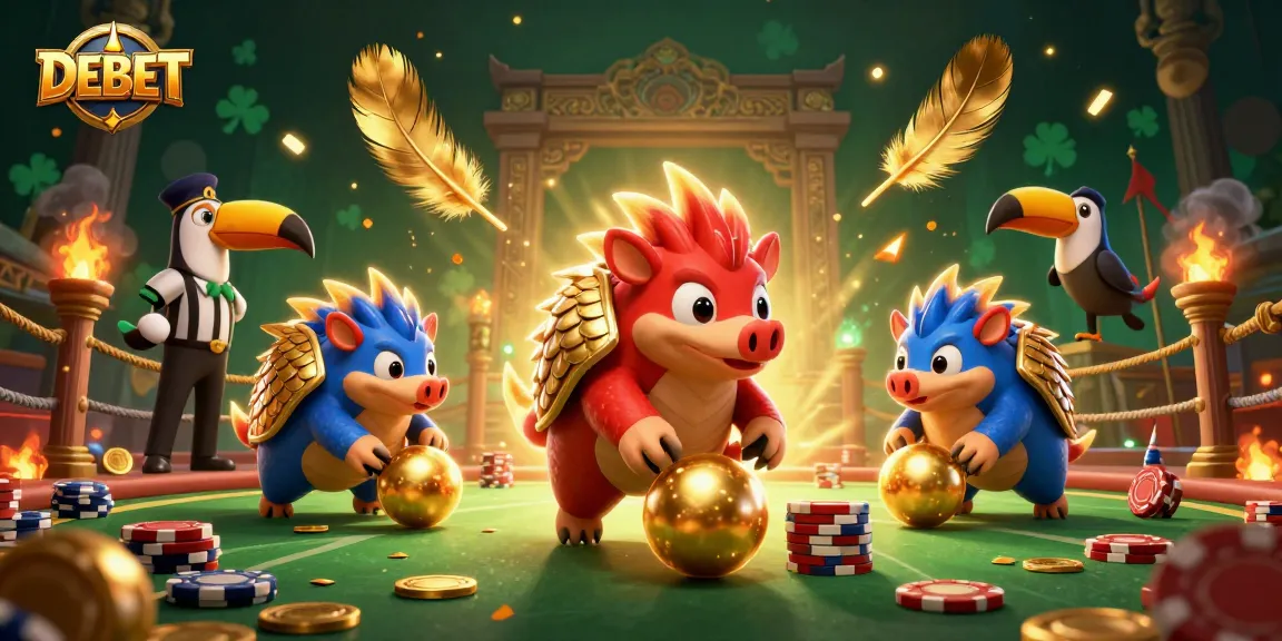 Engage with DEBET as rival pangolins roll into golden balls, showcasing vibrant casino excitement.