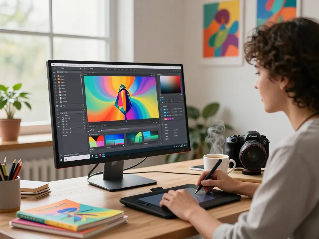 Digital artist editing vibrant visuals with Nano Banana AI in a modern workspace