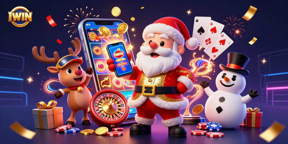 IWIN showcases a festive gaming scene with Santa, reindeer, and a snowman celebrating big wins.