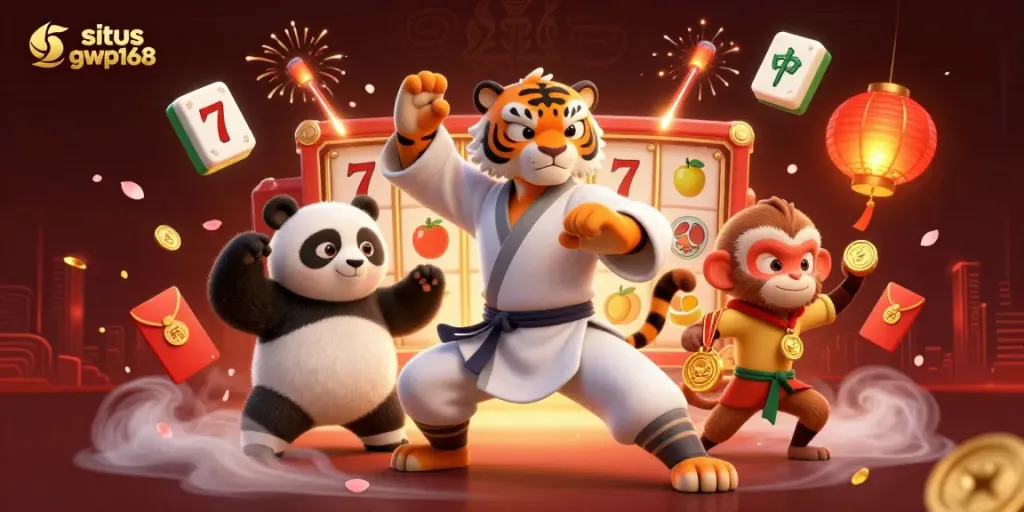 Situs gwp168 menghadirkan ilustrasi kasino dengan karakter kung fu, simbol slot, dan lampion cina yang cerah.
