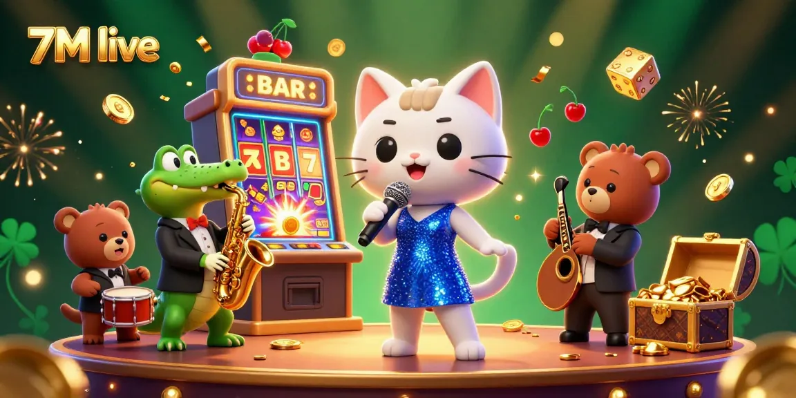 Experience the thrill of 7M live with a vibrant casino scene featuring a jazzy cat, a crocodile, and a bear.
