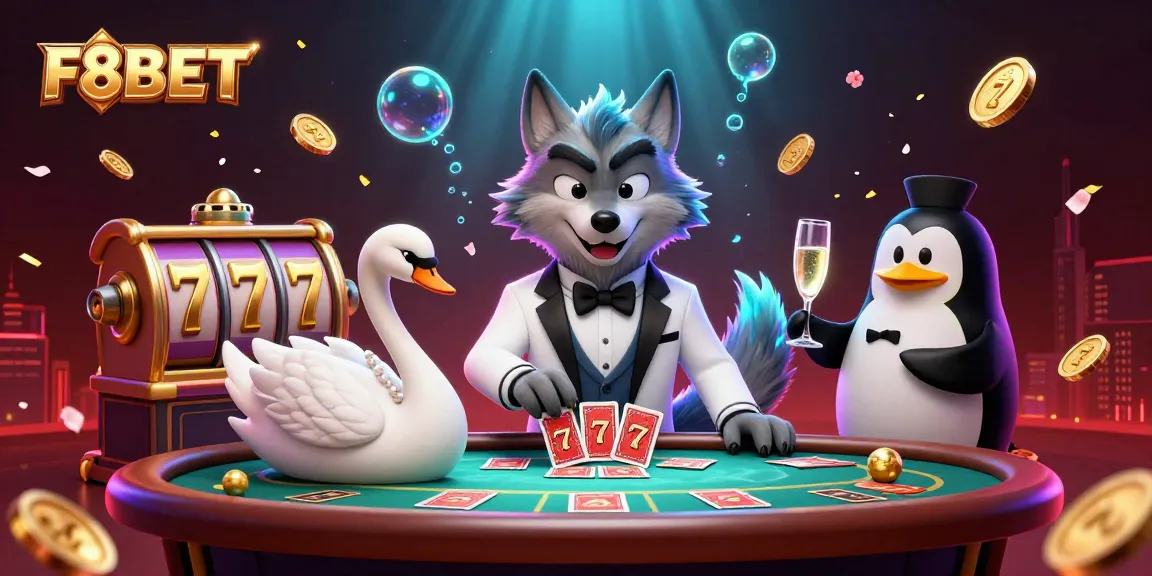 F8BET offers exciting slot games with golden symbols and lively characters at a baccarat table.