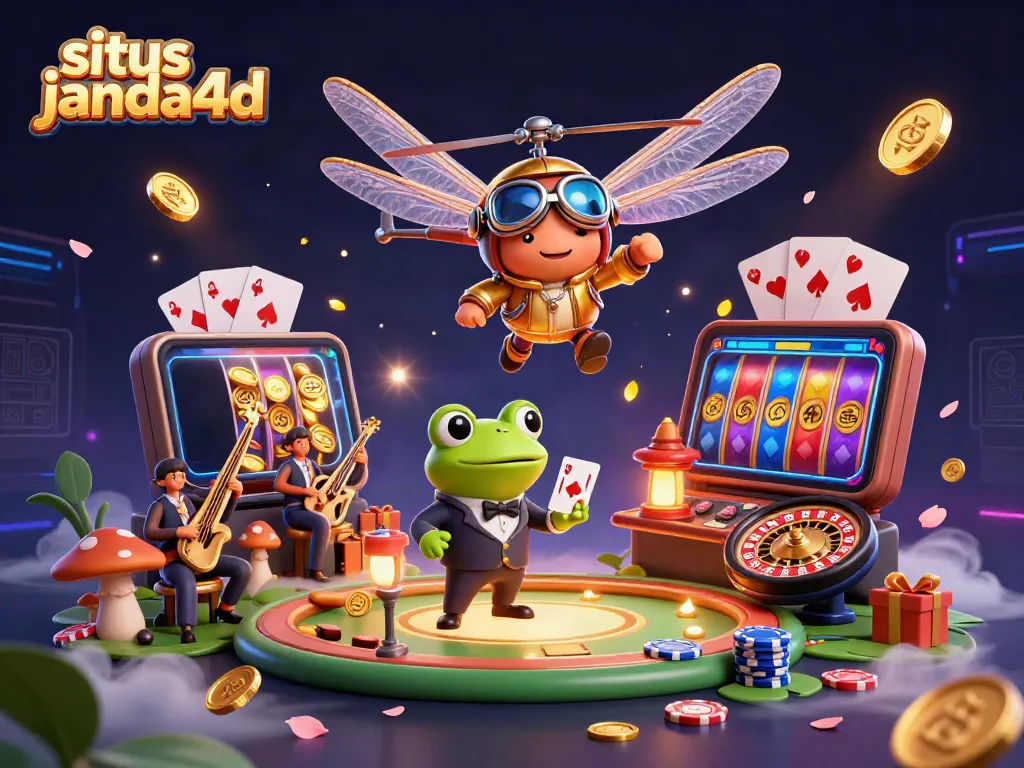 Gambarkan situs janda4d dengan pemandangan kasino unik dan karakter menarik dalam ilustrasi 3D.