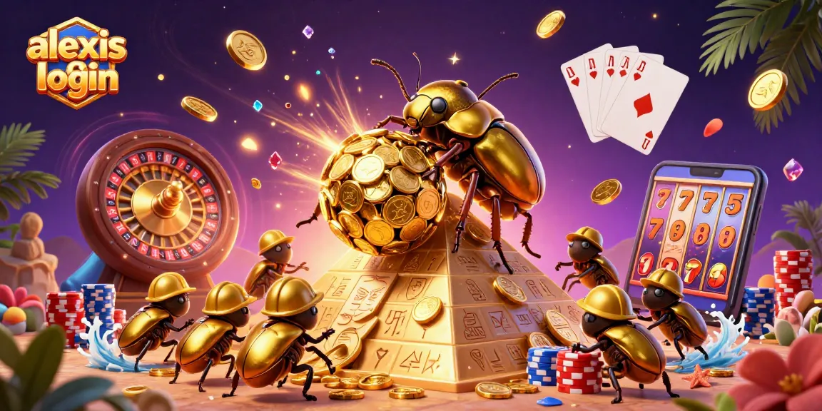 Spin and win with alexis 500 login as a golden beetle rolls in a treasure-filled casino scene.