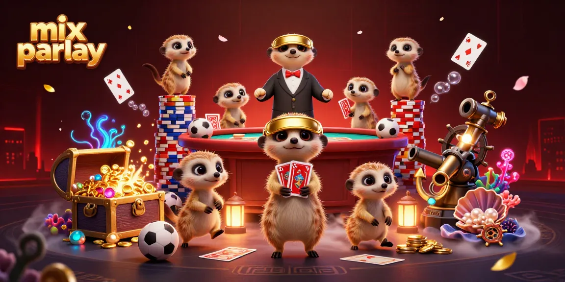 Engage in thrilling mix parlay betting strategies with animated meerkats in a vibrant casino scene.