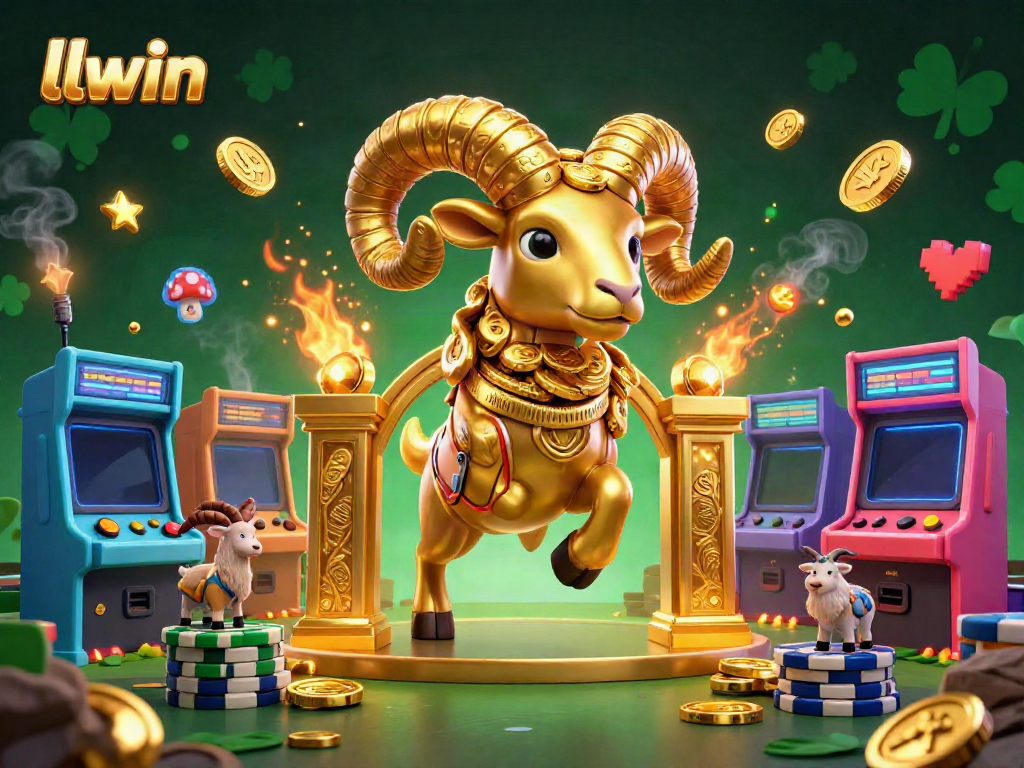 Experience thrilling gameplay at llwin with vibrant golden ram charging at a golden gate, surrounded by colorful game elements.
