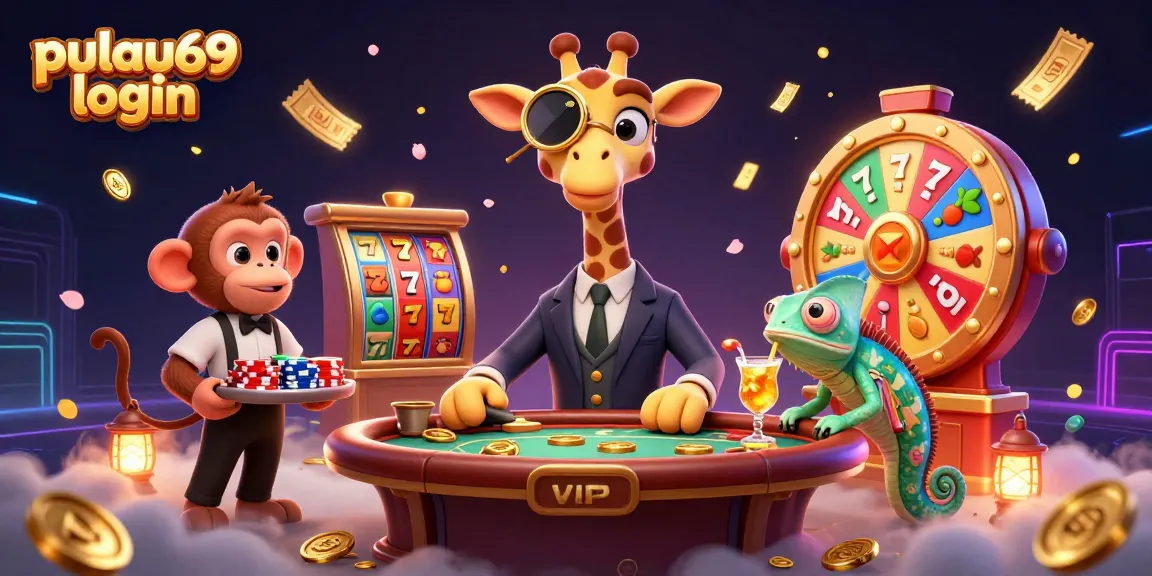 Pulau69 login showcases vibrant gaming action with a high-roller giraffe, monkey valet, and golden cocktails.