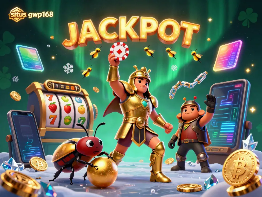Gambarkan suasana menang di situs gwp168 dengan karakter serangga beraksi dan elemen slot.