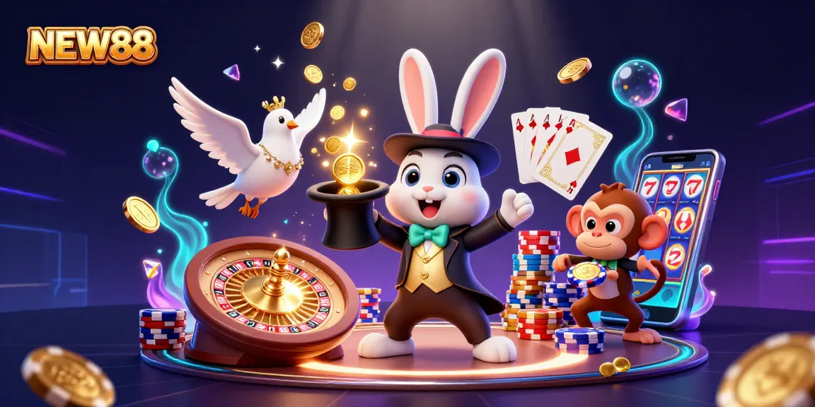 NEW88 showcases a whimsical scene with a rabbit, dove, and monkey in a vibrant casino setting.