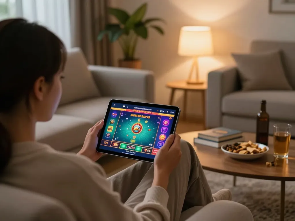 Person enjoying hitclub online casino gaming on a tablet in a cozy living room setting