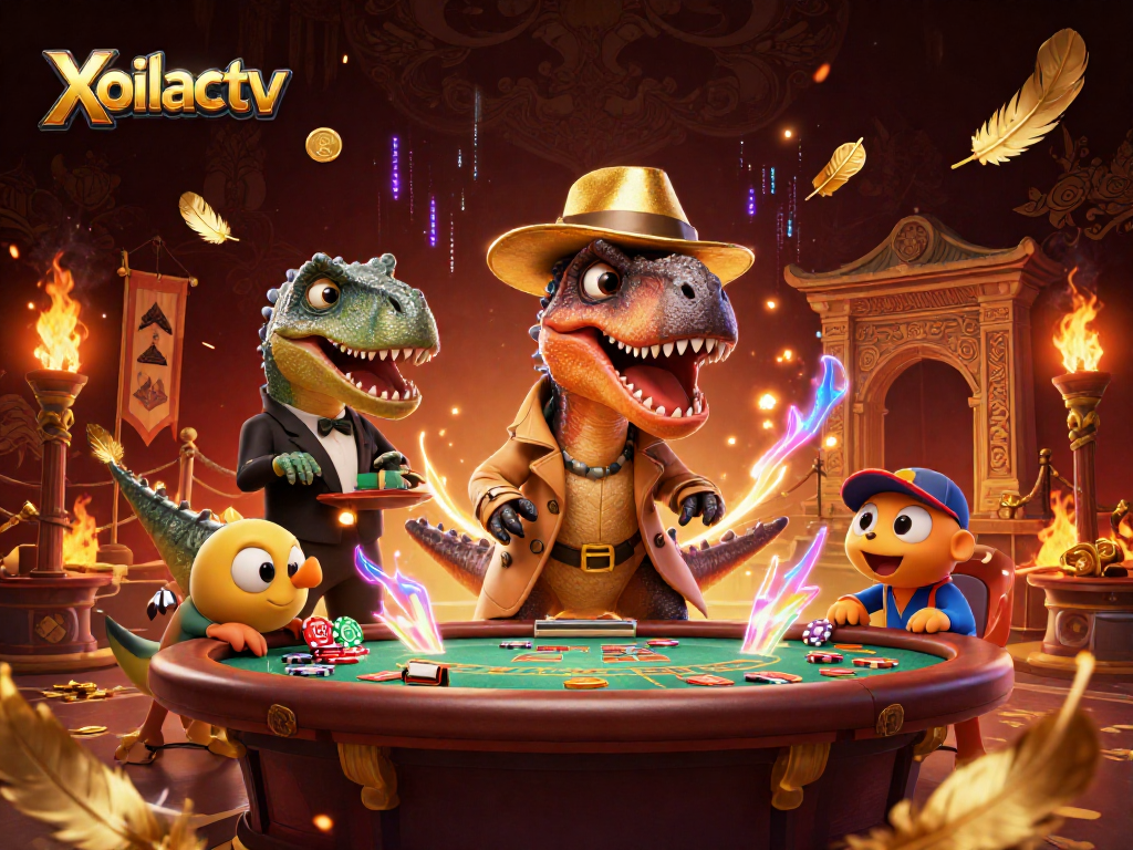 Xoilactv highlights a dinosaur-themed blackjack table with a velociraptor card counter and a pit boss in action.