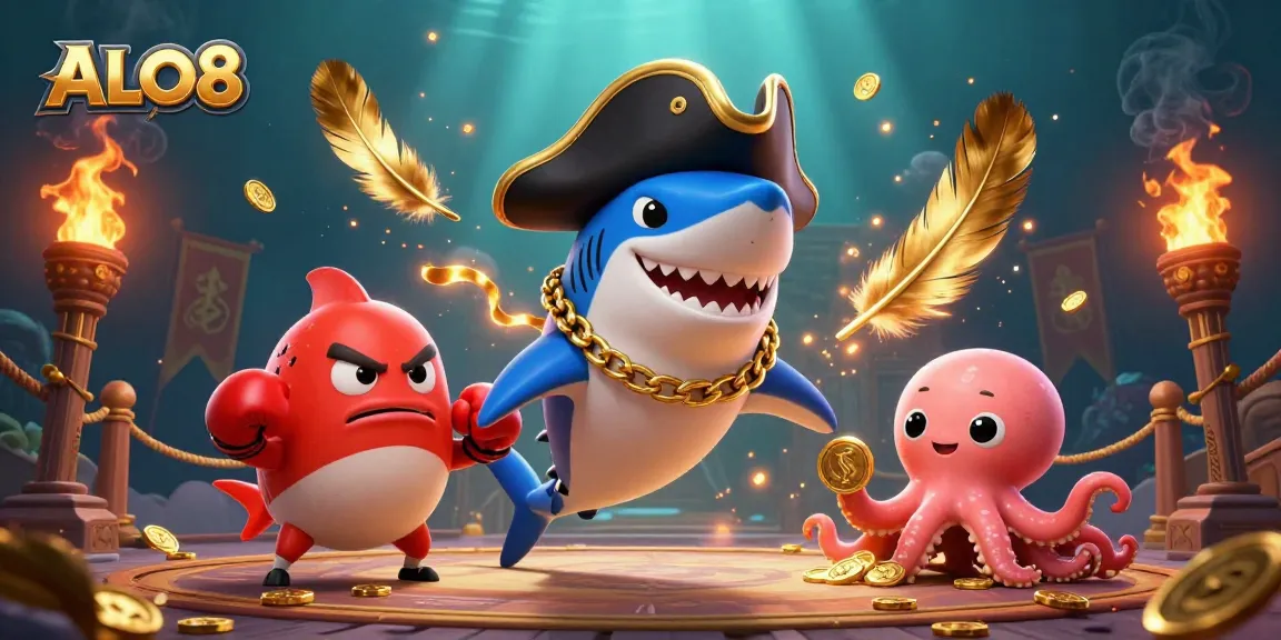 Join the gaming excitement at ALO8 with a vibrant 3D illustration featuring unique characters and golden rewards.