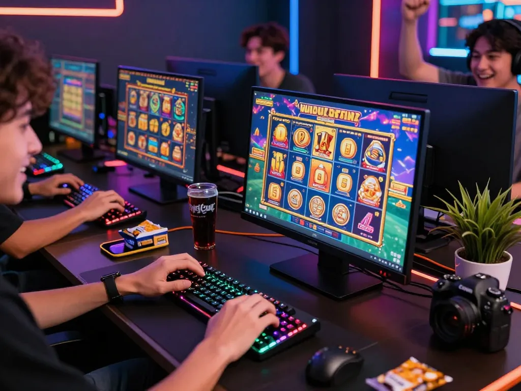 Pemain terfokus pada permainan slot online gacor, menampilkan pengaturan digital yang hidup dan penuh semangat.