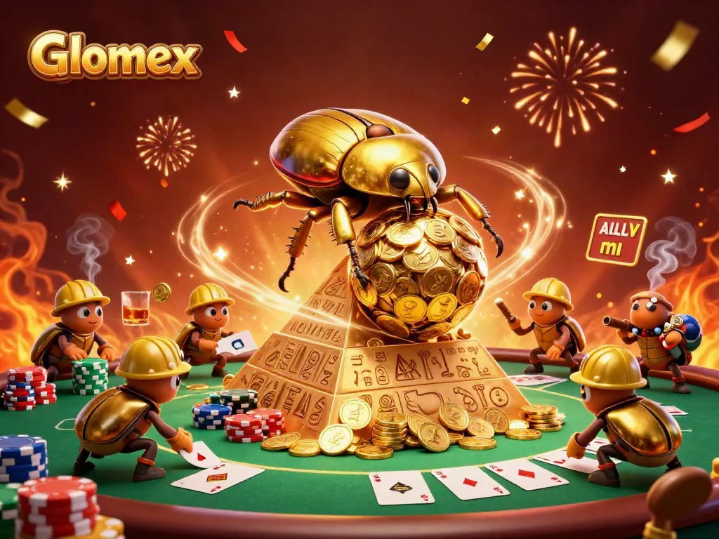 Glomex showcases a golden beetle rolling coins, filled with poker chips and excitement.