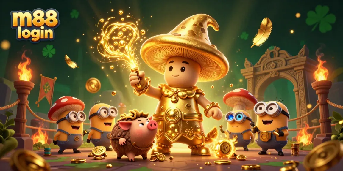 Place bets with confidence using m88 login, featuring an enchanting scene of magical elements and treasures.