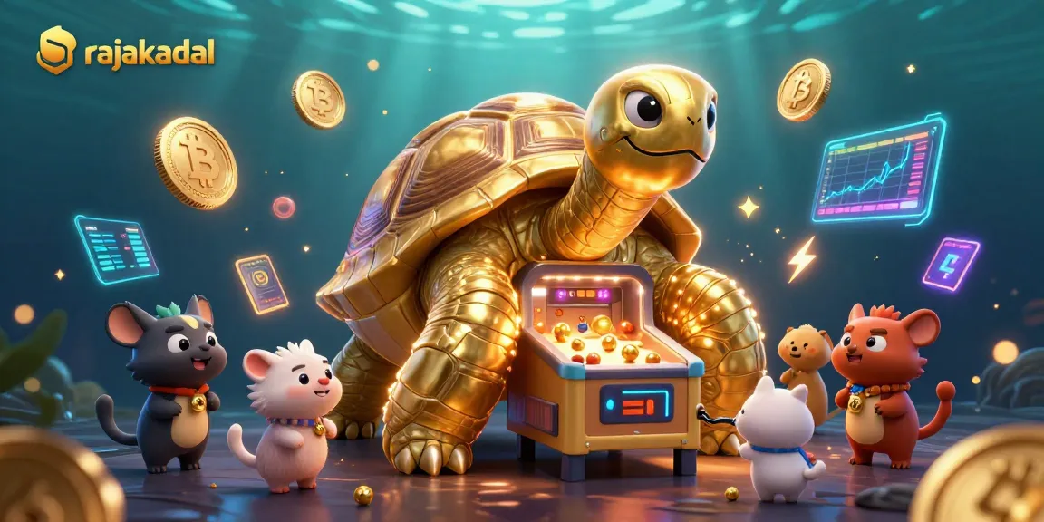 mainkan permainan di rajakadal yang menampilkan kura-kura emas raksasa dan koin kripto 3D.