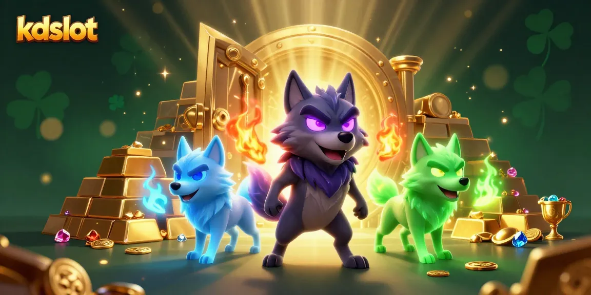 Engage with kdslot's thrilling gaming experience featuring vibrant wolf characters surrounded by dazzling treasures.