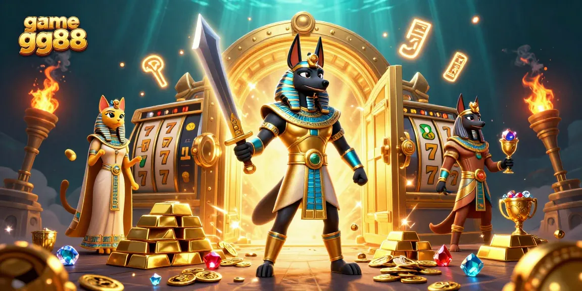 Experience thrilling gameplay with game gg88 as ancient Egyptian warriors guard treasures amidst sparkling slot reels.