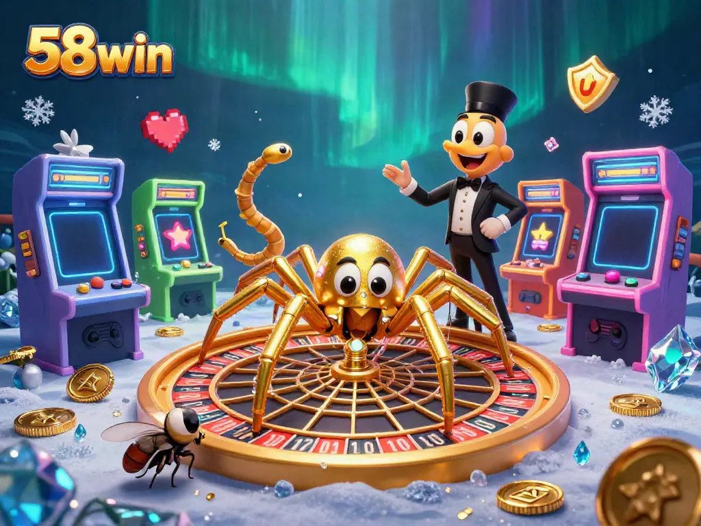 Experience the thrill of 58win with a golden spider, roulette wheel, and vibrant casino games.