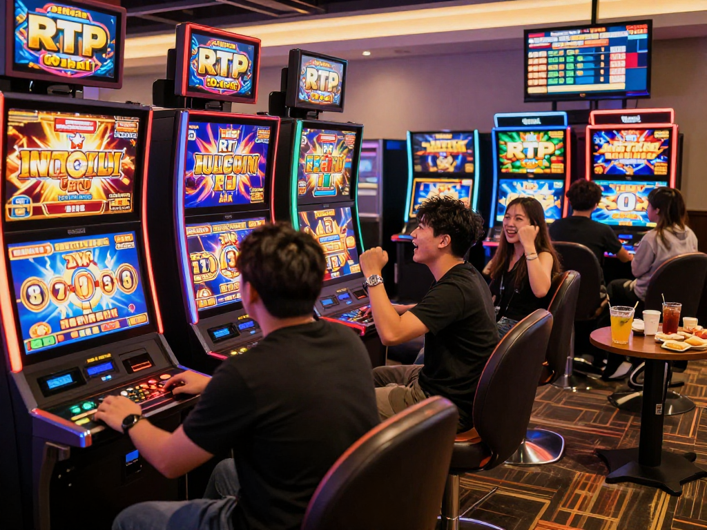 Friends enjoying exciting gameplay on rokok 88 slot machines in a vibrant online casino setting.