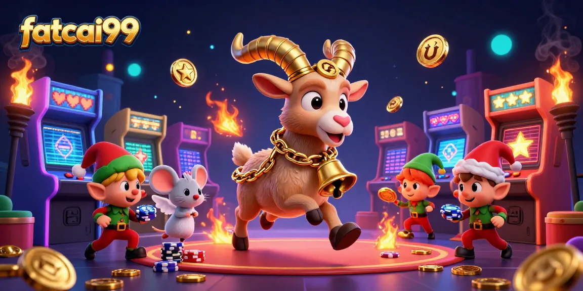 Experience fatcai99 thrills with Krampus, angel mouse, and playful gremlins in a vibrant casino scene.