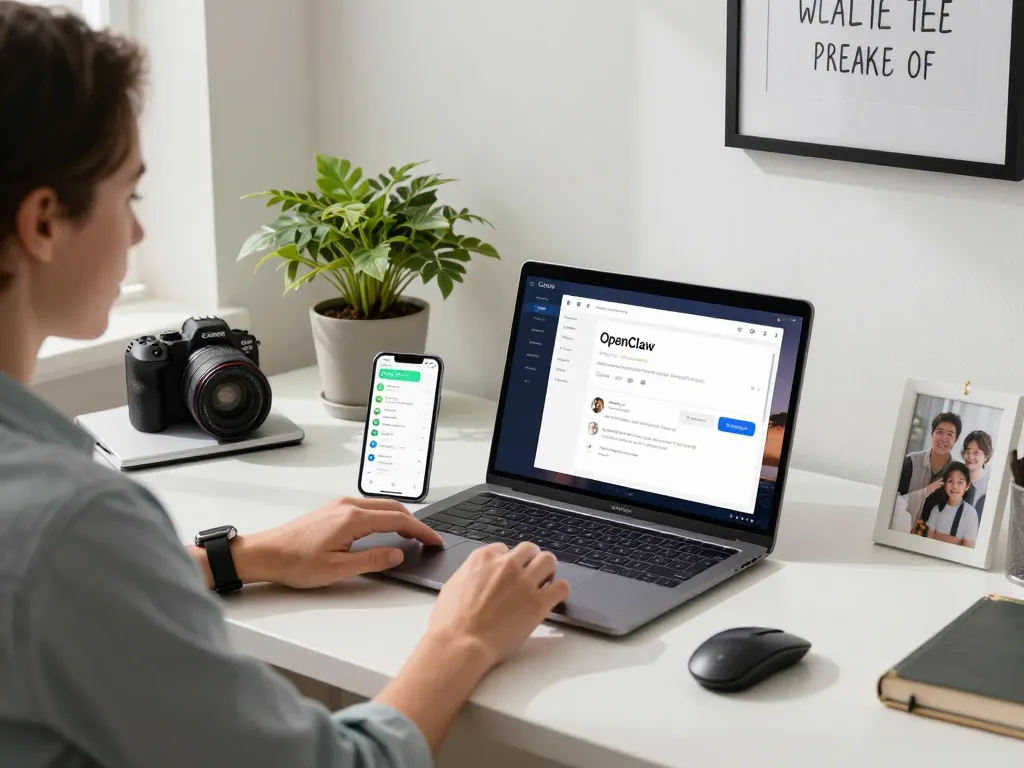 OpenClaw personal AI assistant displayed on a laptop in a modern home office environment.