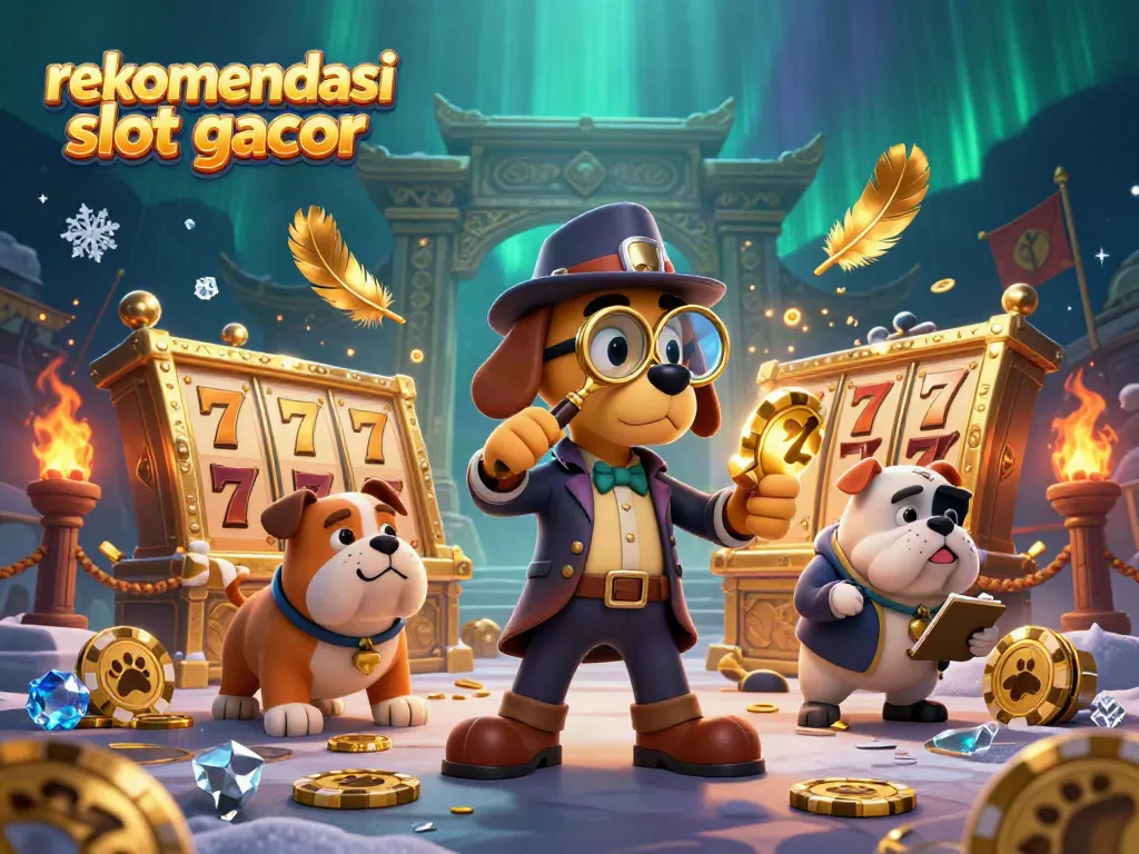 Menggali rekomendasi slot gacor dengan detektif 3D dan anjing bulldog, menampilkan elemen perjudian yang berkilau.