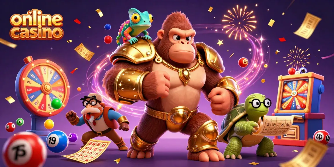 Join the excitement at an online casino with a colorful lottery scene featuring dynamic games and celebratory elements.