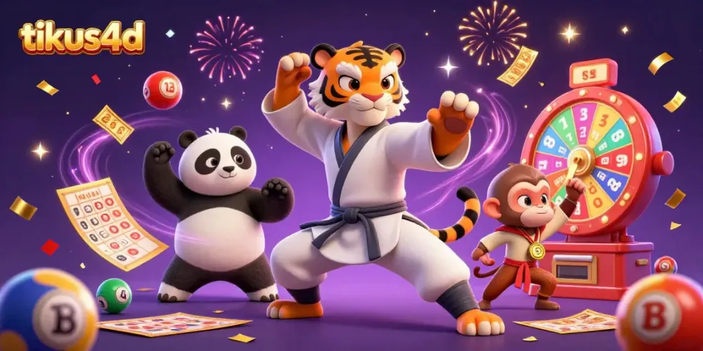 Engage in exciting lottery action with tikus4d's dynamic illustration featuring kung fu characters and winning elements.
