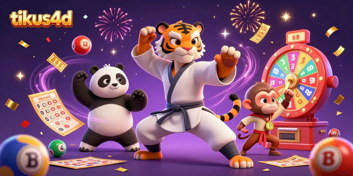 Engage in exciting lottery action with tikus4d's dynamic illustration featuring kung fu characters and winning elements.